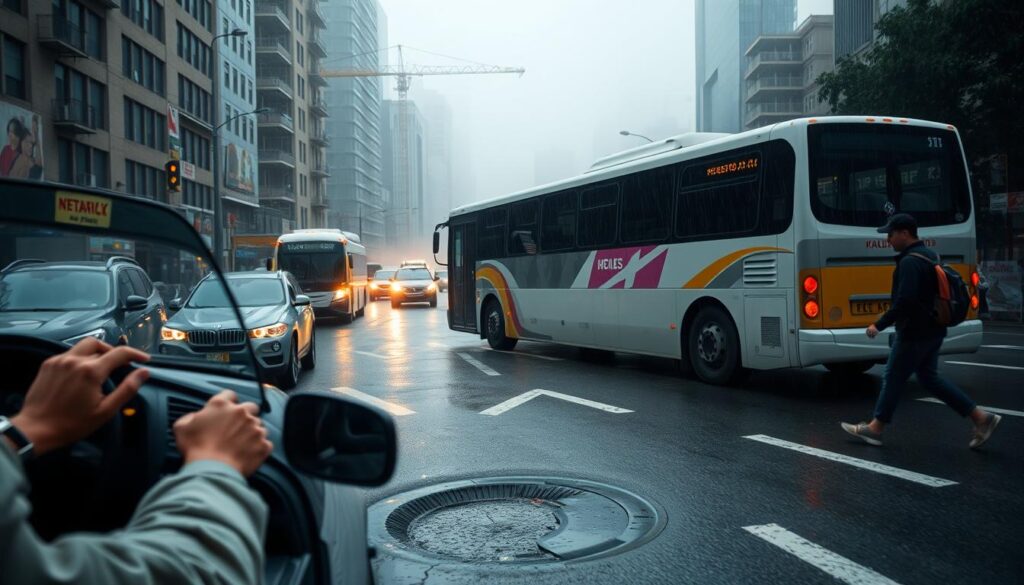 A bustling city street, with a large bus navigating through heavy traffic. In the foreground, a distracted driver on a mobile phone, a pedestrian jaywalking, and a pothole in the road. In the middle ground, a driver attempting to merge lanes without signaling, and a vehicle making an illegal turn. In the background, construction work and poor weather conditions, with rain and reduced visibility. The scene is captured with a wide-angle lens, creating a sense of depth and chaos. The lighting is hazy and dim, evoking a sense of danger and urgency. The overall atmosphere conveys the common factors that can contribute to bus accidents in an urban setting. A bustling city street, with a large bus navigating through heavy traffic. In the foreground, a distracted driver on a mobile phone, a pedestrian jaywalking, and a pothole in the road. In the middle ground, a driver attempting to merge lanes without signaling, and a vehicle making an illegal turn. In the background, construction work and poor weather conditions, with rain and reduced visibility. The scene is captured with a wide-angle lens, creating a sense of depth and chaos. The lighting is hazy and dim, evoking a sense of danger and urgency. The overall atmosphere conveys the common factors that can contribute to bus accidents in an urban setting.