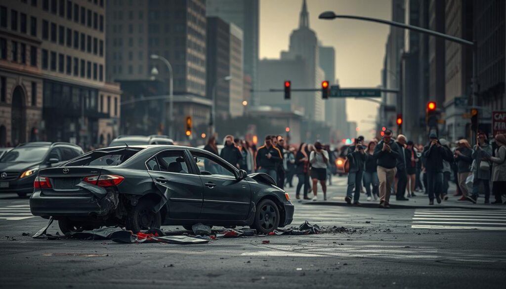 A busy city intersection, the aftermath of a distracted driving accident. In the foreground, a mangled sedan with shattered windows and crumpled fenders, surrounded by scattered debris. In the middle ground, pedestrians and bystanders crowd the scene, some on their phones calling emergency services. The background is a hazy blur of tall buildings and traffic signals, the sky a somber grey. Dramatic chiaroscuro lighting casts deep shadows, heightening the sense of urgency. A moody, unsettling atmosphere pervades, the stillness punctuated by the wail of approaching sirens. A busy city intersection, the aftermath of a distracted driving accident. In the foreground, a mangled sedan with shattered windows and crumpled fenders, surrounded by scattered debris. In the middle ground, pedestrians and bystanders crowd the scene, some on their phones calling emergency services. The background is a hazy blur of tall buildings and traffic signals, the sky a somber grey. Dramatic chiaroscuro lighting casts deep shadows, heightening the sense of urgency. A moody, unsettling atmosphere pervades, the stillness punctuated by the wail of approaching sirens.