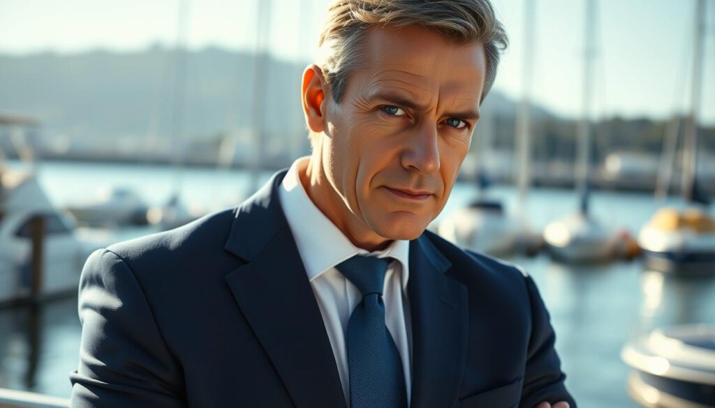 A close-up portrait of a confident, experienced boating accident lawyer, dressed in a sharp, navy blue suit, standing against a backdrop of a serene, sun-dappled harbor. Soft, directional lighting from the side highlights the lawyer's intense, focused gaze and determined expression, conveying their expertise and dedication to helping clients navigate the complexities of boating injury cases. The scene is framed to emphasize the lawyer's authoritative presence, with the harbor and moored boats visible in the background, suggesting their deep understanding of the boating industry and environment. A close-up portrait of a confident, experienced boating accident lawyer, dressed in a sharp, navy blue suit, standing against a backdrop of a serene, sun-dappled harbor. Soft, directional lighting from the side highlights the lawyer's intense, focused gaze and determined expression, conveying their expertise and dedication to helping clients navigate the complexities of boating injury cases. The scene is framed to emphasize the lawyer's authoritative presence, with the harbor and moored boats visible in the background, suggesting their deep understanding of the boating industry and environment.