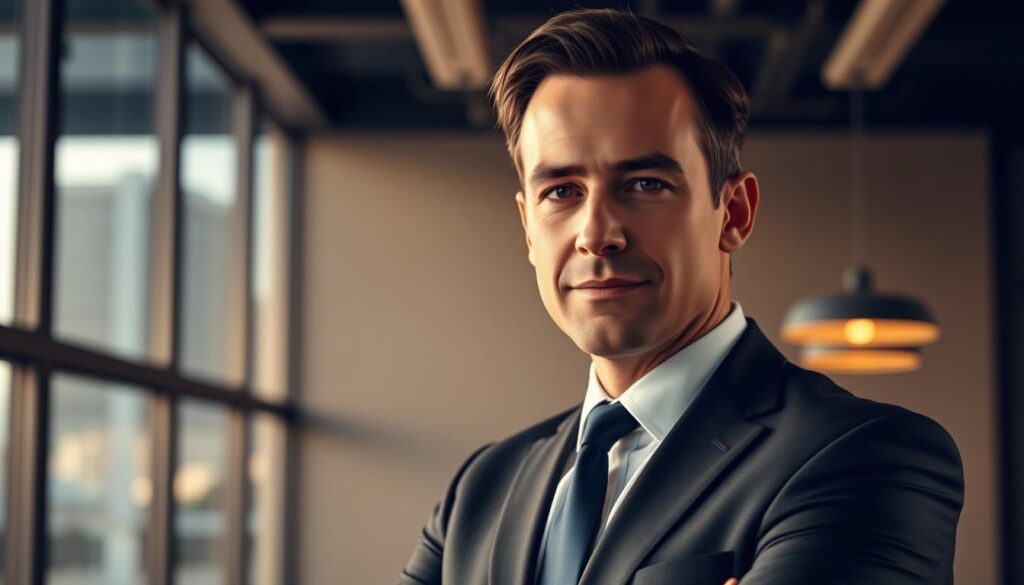 A close-up portrait of a confident, experienced lawyer in a well-tailored suit, standing in a modern, minimalist office with large windows overlooking the San Diego skyline. Warm, soft lighting creates a professional yet approachable atmosphere. The lawyer's gaze is direct, conveying expertise and a commitment to client success. The composition emphasizes the lawyer's authority and reliability, reflecting their role as the "best motorcycle accident lawyer in San Diego".