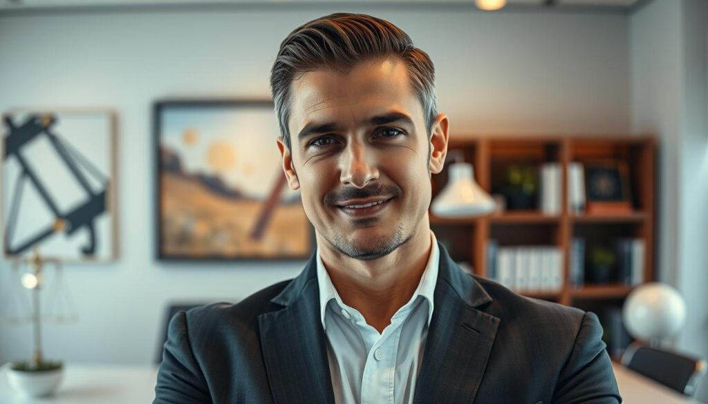 A close-up portrait of a motorcycle accident attorney standing confidently in a modern law office. Warm lighting illuminates their sharp, focused gaze, conveying expertise and determination. The background features a sleek desk, bookshelves, and abstract art, creating a professional, high-caliber atmosphere. The attorney's attire is refined yet approachable, a well-tailored suit complemented by an open, friendly expression. The overall composition exudes a sense of competence, trust, and the attorney's ability to navigate the complexities of motorcycle accident cases effectively. A close-up portrait of a motorcycle accident attorney standing confidently in a modern law office. Warm lighting illuminates their sharp, focused gaze, conveying expertise and determination. The background features a sleek desk, bookshelves, and abstract art, creating a professional, high-caliber atmosphere. The attorney's attire is refined yet approachable, a well-tailored suit complemented by an open, friendly expression. The overall composition exudes a sense of competence, trust, and the attorney's ability to navigate the complexities of motorcycle accident cases effectively.