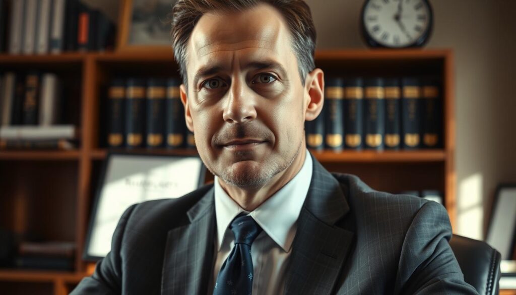 A close-up portrait of an experienced male motorcycle accident attorney in a well-lit, professional office setting. The attorney, wearing a sharp suit and tie, is seated at a wooden desk, conveying an air of authority and expertise. Bookshelves and legal documents in the background suggest a deep understanding of motorcycle accident law. The lighting is warm and directional, casting subtle shadows and highlighting the attorney's confident expression. The composition emphasizes the attorney's thoughtful gaze, creating a sense of trustworthiness and competence. The overall tone is one of professionalism, experience, and a commitment to providing exceptional legal representation for motorcycle accident victims. A close-up portrait of an experienced male motorcycle accident attorney in a well-lit, professional office setting. The attorney, wearing a sharp suit and tie, is seated at a wooden desk, conveying an air of authority and expertise. Bookshelves and legal documents in the background suggest a deep understanding of motorcycle accident law. The lighting is warm and directional, casting subtle shadows and highlighting the attorney's confident expression. The composition emphasizes the attorney's thoughtful gaze, creating a sense of trustworthiness and competence. The overall tone is one of professionalism, experience, and a commitment to providing exceptional legal representation for motorcycle accident victims.