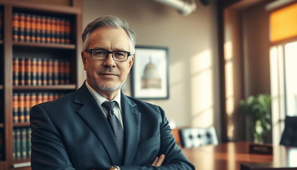 A close-up shot of a confident, experienced slip and fall attorney standing in a modern, well-lit law office. The attorney wears a sharp, navy blue suit and has a determined expression, conveying expertise and professionalism. The background features a bookshelf with leather-bound volumes, a desk with a nameplate, and a large window that floods the space with warm, natural light. The overall atmosphere is one of authority, reliability, and a commitment to helping clients navigate the complexities of slip and fall cases. A close-up shot of a confident, experienced slip and fall attorney standing in a modern, well-lit law office. The attorney wears a sharp, navy blue suit and has a determined expression, conveying expertise and professionalism. The background features a bookshelf with leather-bound volumes, a desk with a nameplate, and a large window that floods the space with warm, natural light. The overall atmosphere is one of authority, reliability, and a commitment to helping clients navigate the complexities of slip and fall cases.