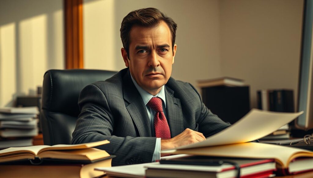 A close-up shot of a serious-looking on-the-job injury lawyer, seated at their desk, surrounded by law books, files, and a computer. Warm, directional lighting from the side casts shadows, emphasizing the lawyer's focused expression and the gravity of their work. The office environment conveys professionalism and expertise, with a touch of natural wood accents and muted tones to create a sense of authority and reliability. The overall mood is one of competence and dedication, reflecting the lawyer's commitment to protecting the rights of those who have been injured in the workplace. A close-up shot of a serious-looking on-the-job injury lawyer, seated at their desk, surrounded by law books, files, and a computer. Warm, directional lighting from the side casts shadows, emphasizing the lawyer's focused expression and the gravity of their work. The office environment conveys professionalism and expertise, with a touch of natural wood accents and muted tones to create a sense of authority and reliability. The overall mood is one of competence and dedication, reflecting the lawyer's commitment to protecting the rights of those who have been injured in the workplace.