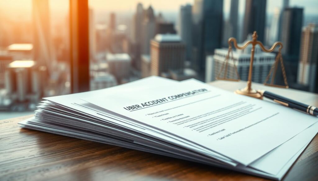 A close-up shot of a stack of legal documents, neatly organized on a wooden desk, against a backdrop of a large window overlooking a bustling city skyline. The documents feature prominently, with a focus on the title "Uber Accident Compensation" visible. Warm, diffused lighting from the window casts a gentle glow across the scene, creating a sense of professionalism and authority. The composition emphasizes the importance of understanding the types of compensation available for Uber accident cases, as outlined in the article's section title.