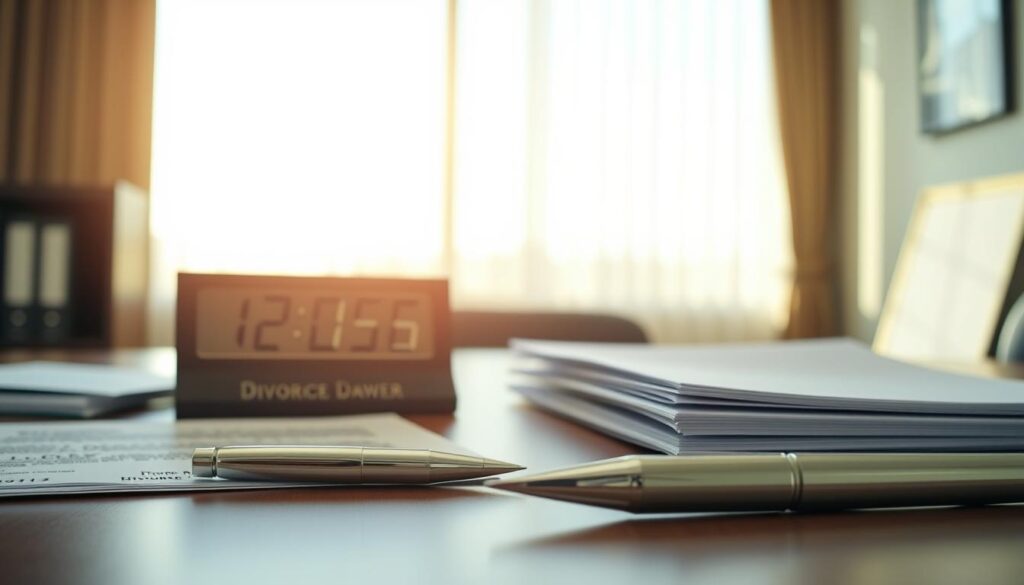 A close-up view of a lawyer's desk, neatly organized with a nameplate, a stack of legal documents, and a sleek silver pen. In the background, a large window floods the room with warm, natural light, casting a soft glow on the scene. On the desk, a digital clock display prominently showcases the hourly rate for the divorce lawyer's services, conveying a sense of professionalism and expertise. The overall atmosphere is one of efficiency, attention to detail, and a commitment to providing high-quality legal representation.