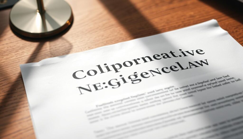 A close-up view of a legal document titled "California's Comparative Negligence Law", positioned on a wooden desk. The document's pages are slightly ruffled, suggesting it has been recently reviewed. Soft, diffused lighting creates a contemplative atmosphere, casting subtle shadows across the desk's surface. The background is blurred, placing the legal document as the central focus of the image. The overall tone is one of thoughtful consideration, hinting at the complexities and nuances of this important legal principle. A close-up view of a legal document titled "California's Comparative Negligence Law", positioned on a wooden desk. The document's pages are slightly ruffled, suggesting it has been recently reviewed. Soft, diffused lighting creates a contemplative atmosphere, casting subtle shadows across the desk's surface. The background is blurred, placing the legal document as the central focus of the image. The overall tone is one of thoughtful consideration, hinting at the complexities and nuances of this important legal principle.