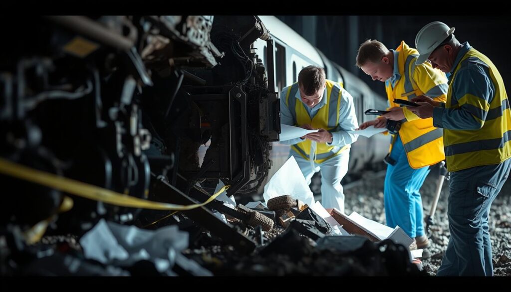 A close-up view of a train accident investigation site, with investigators carefully examining the wreckage and collecting physical evidence. The scene is illuminated by bright, directional lighting, casting sharp shadows and highlighting the details of the damaged train cars and the surrounding debris. The investigators, dressed in protective gear, meticulously document the scene, taking measurements and photographs, their expressions focused and determined. The background is slightly blurred, drawing the viewer's attention to the foreground and the delicate, precise nature of the evidence collection process. A close-up view of a train accident investigation site, with investigators carefully examining the wreckage and collecting physical evidence. The scene is illuminated by bright, directional lighting, casting sharp shadows and highlighting the details of the damaged train cars and the surrounding debris. The investigators, dressed in protective gear, meticulously document the scene, taking measurements and photographs, their expressions focused and determined. The background is slightly blurred, drawing the viewer's attention to the foreground and the delicate, precise nature of the evidence collection process.