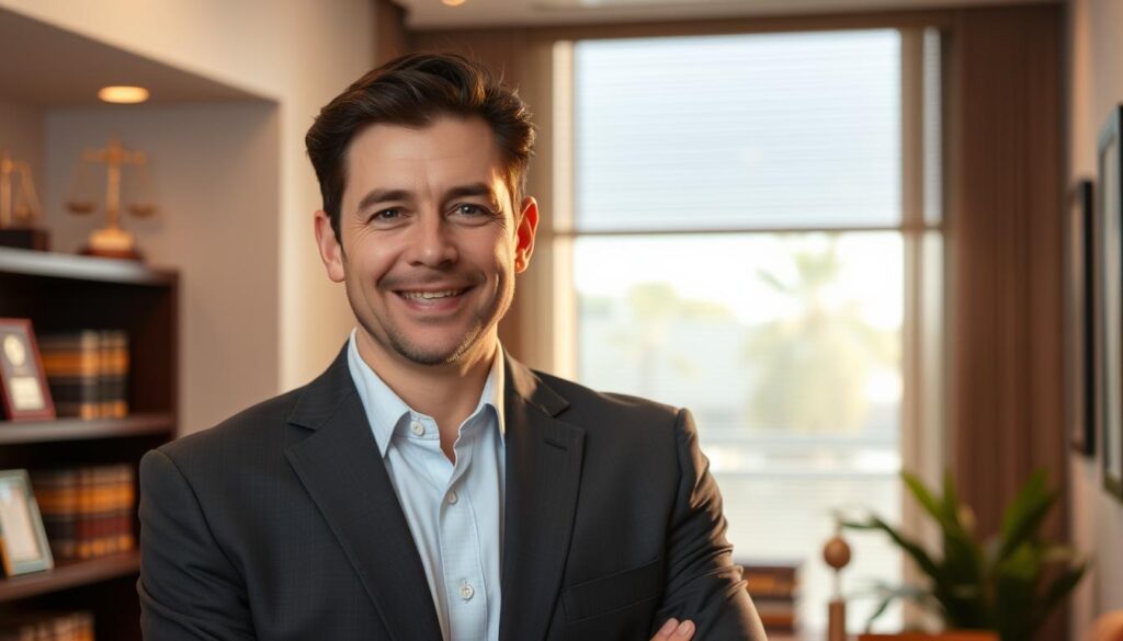 A confident and approachable Irvine personal injury lawyer, dressed in a sharp suit, standing in their modern, well-appointed office. Warm, indirect lighting from a large window casts a professional glow, while a bookshelf and awards in the background convey their expertise. The lawyer's expression is one of calm assurance, ready to guide clients through the legal process with care and diligence. The scene exudes an atmosphere of trust, competence, and a commitment to securing the best possible outcome for those in need of legal representation.