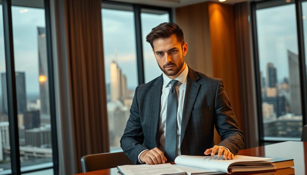 A confident and authoritative personal injury lawyer standing in a modern, well-appointed law office. The lawyer is dressed in a sharp, tailored suit, exuding an air of professionalism and expertise. The office features large windows overlooking a bustling city skyline, creating a sophisticated and prestigious atmosphere. Warm, directional lighting illuminates the lawyer's face, highlighting their keen, analytical expression as they review important legal documents on their desk. The overall impression conveys the lawyer's ability to effectively navigate complex accident cases and secure favorable outcomes for their clients. A confident and authoritative personal injury lawyer standing in a modern, well-appointed law office. The lawyer is dressed in a sharp, tailored suit, exuding an air of professionalism and expertise. The office features large windows overlooking a bustling city skyline, creating a sophisticated and prestigious atmosphere. Warm, directional lighting illuminates the lawyer's face, highlighting their keen, analytical expression as they review important legal documents on their desk. The overall impression conveys the lawyer's ability to effectively navigate complex accident cases and secure favorable outcomes for their clients.