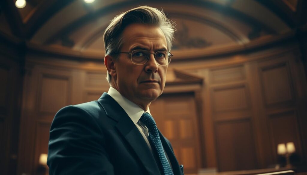 A confident legal professional standing in a courtroom, their gaze intense as they make a persuasive argument. The scene is bathed in warm, dramatic lighting, casting deep shadows and highlights across their face. In the background, a vaulted, wood-paneled chamber evokes the weight and formality of the judicial system. The lawyer's body language is purposeful, their expression resolute, conveying a steadfast commitment to their client's defense. The overall atmosphere is one of high-stakes tension and unwavering determination to deliver justice. A confident legal professional standing in a courtroom, their gaze intense as they make a persuasive argument. The scene is bathed in warm, dramatic lighting, casting deep shadows and highlights across their face. In the background, a vaulted, wood-paneled chamber evokes the weight and formality of the judicial system. The lawyer's body language is purposeful, their expression resolute, conveying a steadfast commitment to their client's defense. The overall atmosphere is one of high-stakes tension and unwavering determination to deliver justice.