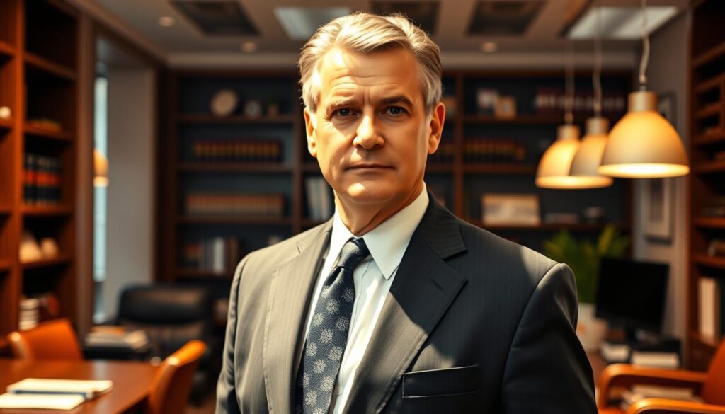 A confident-looking, well-dressed middle-aged man standing in a modern, well-lit law office. He is wearing a sharp suit, tie, and has a serious expression on his face, conveying authority and expertise. In the background, there are bookshelves, a desk, and other office furnishings that suggest a professional legal setting. The lighting is warm and directional, creating depth and highlighting the subject. The overall mood is one of professionalism, reliability, and expertise in the field of dog bite law. A confident-looking, well-dressed middle-aged man standing in a modern, well-lit law office. He is wearing a sharp suit, tie, and has a serious expression on his face, conveying authority and expertise. In the background, there are bookshelves, a desk, and other office furnishings that suggest a professional legal setting. The lighting is warm and directional, creating depth and highlighting the subject. The overall mood is one of professionalism, reliability, and expertise in the field of dog bite law.