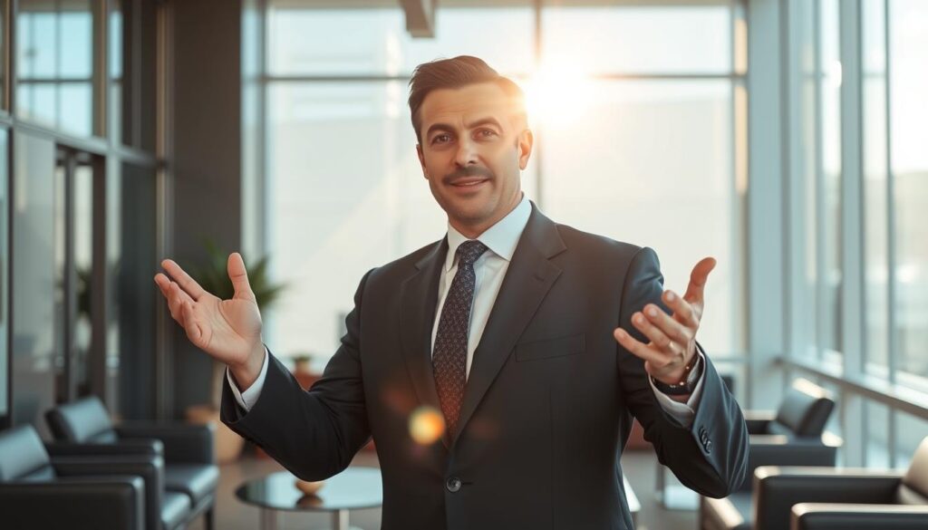 A confident, professional-looking man in a sharp suit and tie, standing in a modern law office with sleek furniture and floor-to-ceiling windows. Sunlight streams in, casting a warm glow on his face as he gestures persuasively, conveying his expertise and determination to fight for his client's rights in a slip and fall case. The scene exudes an aura of authority, competence, and unwavering commitment to justice. A confident, professional-looking man in a sharp suit and tie, standing in a modern law office with sleek furniture and floor-to-ceiling windows. Sunlight streams in, casting a warm glow on his face as he gestures persuasively, conveying his expertise and determination to fight for his client's rights in a slip and fall case. The scene exudes an aura of authority, competence, and unwavering commitment to justice.