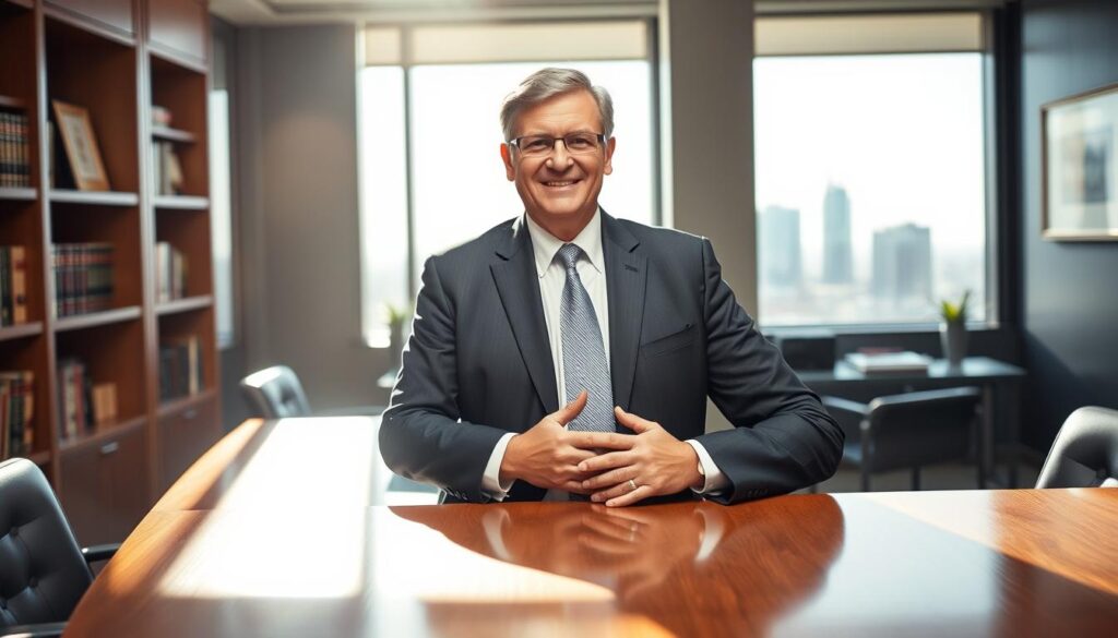 A confident, well-dressed, middle-aged attorney standing in a sleek, modern law office. He is wearing a sharp suit, his hands resting on a polished wooden desk, conveying an air of professionalism and expertise. Sunlight streams in through large windows, casting a warm glow on the scene. The background features bookshelves, framed diplomas, and a subtle Tampa skyline visible through the window, establishing the setting as a prominent law firm in Tampa, Florida. The overall mood is one of authority, success, and the ability to handle complex motorcycle accident cases. A confident, well-dressed, middle-aged attorney standing in a sleek, modern law office. He is wearing a sharp suit, his hands resting on a polished wooden desk, conveying an air of professionalism and expertise. Sunlight streams in through large windows, casting a warm glow on the scene. The background features bookshelves, framed diplomas, and a subtle Tampa skyline visible through the window, establishing the setting as a prominent law firm in Tampa, Florida. The overall mood is one of authority, success, and the ability to handle complex motorcycle accident cases.