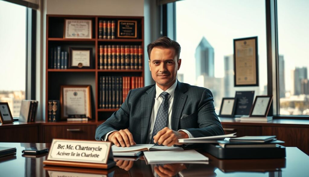 A confident, well-dressed professional sitting at their desk in a modern, well-lit law office. In the foreground, a nameplate on the desk reads "Best Motorcycle Accident Lawyer in Charlotte". The lawyer, wearing a sharp suit and tie, is intently reviewing documents and case files. In the middle ground, shelves of law books and framed awards and certificates line the walls, conveying expertise and experience. The background features large windows overlooking the Charlotte skyline, creating a sense of authority and success. Lighting is warm and directional, highlighting the lawyer's focused expression. The overall mood is one of competence, trust, and a commitment to client advocacy. A confident, well-dressed professional sitting at their desk in a modern, well-lit law office. In the foreground, a nameplate on the desk reads "Best Motorcycle Accident Lawyer in Charlotte". The lawyer, wearing a sharp suit and tie, is intently reviewing documents and case files. In the middle ground, shelves of law books and framed awards and certificates line the walls, conveying expertise and experience. The background features large windows overlooking the Charlotte skyline, creating a sense of authority and success. Lighting is warm and directional, highlighting the lawyer's focused expression. The overall mood is one of competence, trust, and a commitment to client advocacy.