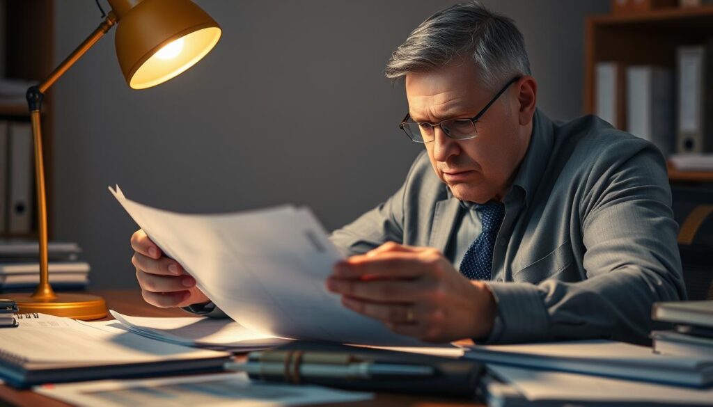 A construction accident attorney intently evaluating case documents at their desk, illuminated by a warm, directional desk lamp. The attorney's face is in deep concentration, brow furrowed, as they meticulously review evidence. The desk is cluttered with case files, witness statements, and legal pads, conveying the complex, detail-oriented nature of building a strong compensation claim. The background is blurred, keeping the focus on the attorney's analytical process. The overall mood is one of diligent professionalism, as the attorney works to build a compelling case for their injured client.