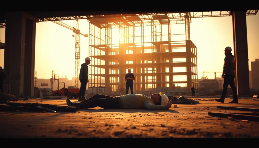 A construction site in the foreground, with a worker lying on the ground surrounded by concerned colleagues. In the middle ground, a crane operator assessing the situation, and in the background, the unfinished structure looming overhead. Warm, diffused lighting casts long shadows, creating a sense of urgency and tension. The scene is captured through a wide-angle lens, emphasizing the scale and chaos of the accident. The mood is somber, with a palpable sense of the potential consequences and the need for legal recourse. A construction site in the foreground, with a worker lying on the ground surrounded by concerned colleagues. In the middle ground, a crane operator assessing the situation, and in the background, the unfinished structure looming overhead. Warm, diffused lighting casts long shadows, creating a sense of urgency and tension. The scene is captured through a wide-angle lens, emphasizing the scale and chaos of the accident. The mood is somber, with a palpable sense of the potential consequences and the need for legal recourse.