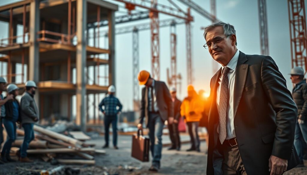 A construction site with a worker in distress, surrounded by concerned onlookers. In the foreground, an experienced construction accident attorney in a sharp suit, briefcase in hand, approaches the scene with a determined expression. Warm, natural lighting illuminates the details, capturing the urgency and the attorney's empathetic yet professional demeanor. The background features the partially built structure, scaffolding, and construction equipment, conveying the context of the accident. The overall tone evokes a sense of care, expertise, and the attorney's ability to navigate the complexities of construction-related injuries and secure fair compensation for the victim. A construction site with a worker in distress, surrounded by concerned onlookers. In the foreground, an experienced construction accident attorney in a sharp suit, briefcase in hand, approaches the scene with a determined expression. Warm, natural lighting illuminates the details, capturing the urgency and the attorney's empathetic yet professional demeanor. The background features the partially built structure, scaffolding, and construction equipment, conveying the context of the accident. The overall tone evokes a sense of care, expertise, and the attorney's ability to navigate the complexities of construction-related injuries and secure fair compensation for the victim.