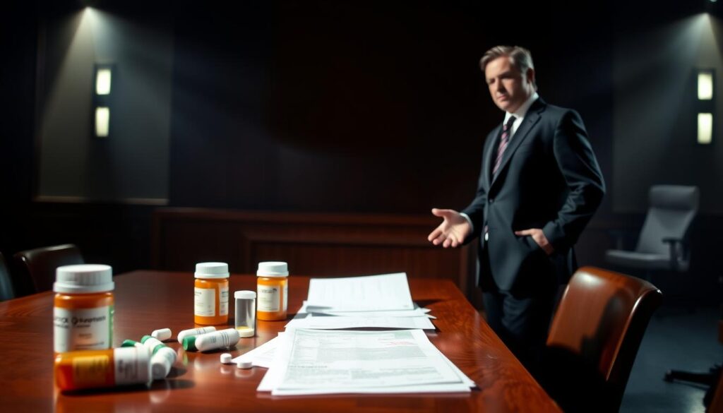 A courtroom scene with a focused spotlight illuminating a table displaying various prescription medications and medical documents. In the foreground, a lawyer stands confidently, gesturing towards the evidence. The background is hazy, emphasizing the gravity of the legal proceedings. The lighting is dramatic, casting long shadows and creating a sense of tension. The overall mood is one of seriousness and professionalism, reflecting the high-stakes nature of a medication error lawsuit. A courtroom scene with a focused spotlight illuminating a table displaying various prescription medications and medical documents. In the foreground, a lawyer stands confidently, gesturing towards the evidence. The background is hazy, emphasizing the gravity of the legal proceedings. The lighting is dramatic, casting long shadows and creating a sense of tension. The overall mood is one of seriousness and professionalism, reflecting the high-stakes nature of a medication error lawsuit.