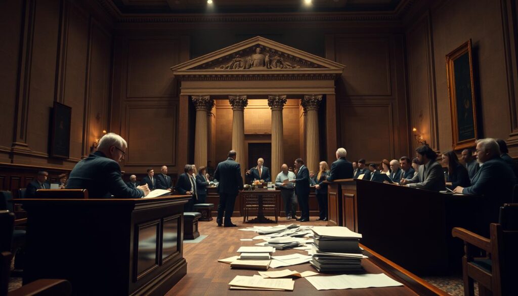 A courtroom setting with a judge's bench, witness stand, and jury box in the foreground. In the middle ground, lawyers engaged in heated debate, papers and documents strewn across a table. In the background, a towering, imposing courthouse facade, its ornate columns and pediment casting dramatic shadows. Soft, warm lighting illuminates the scene, creating a sense of tension and high-stakes drama. The overall atmosphere conveys the gravity and complexity of civil litigation cases, their impacts on individuals and society. A courtroom setting with a judge's bench, witness stand, and jury box in the foreground. In the middle ground, lawyers engaged in heated debate, papers and documents strewn across a table. In the background, a towering, imposing courthouse facade, its ornate columns and pediment casting dramatic shadows. Soft, warm lighting illuminates the scene, creating a sense of tension and high-stakes drama. The overall atmosphere conveys the gravity and complexity of civil litigation cases, their impacts on individuals and society.