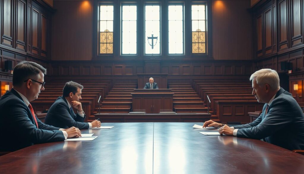 A courtroom setting with a table in the foreground, where lawyers sit facing each other, deep in discussion. In the middle ground, a judge's bench, illuminated by warm natural light streaming through tall windows. In the background, rows of wooden benches for the audience, creating a sense of formality and gravitas. The lighting is soft and directional, emphasizing the seriousness of the civil litigation process. The overall atmosphere is one of thoughtful deliberation, with a sense of gravity and importance. A courtroom setting with a table in the foreground, where lawyers sit facing each other, deep in discussion. In the middle ground, a judge's bench, illuminated by warm natural light streaming through tall windows. In the background, rows of wooden benches for the audience, creating a sense of formality and gravitas. The lighting is soft and directional, emphasizing the seriousness of the civil litigation process. The overall atmosphere is one of thoughtful deliberation, with a sense of gravity and importance.