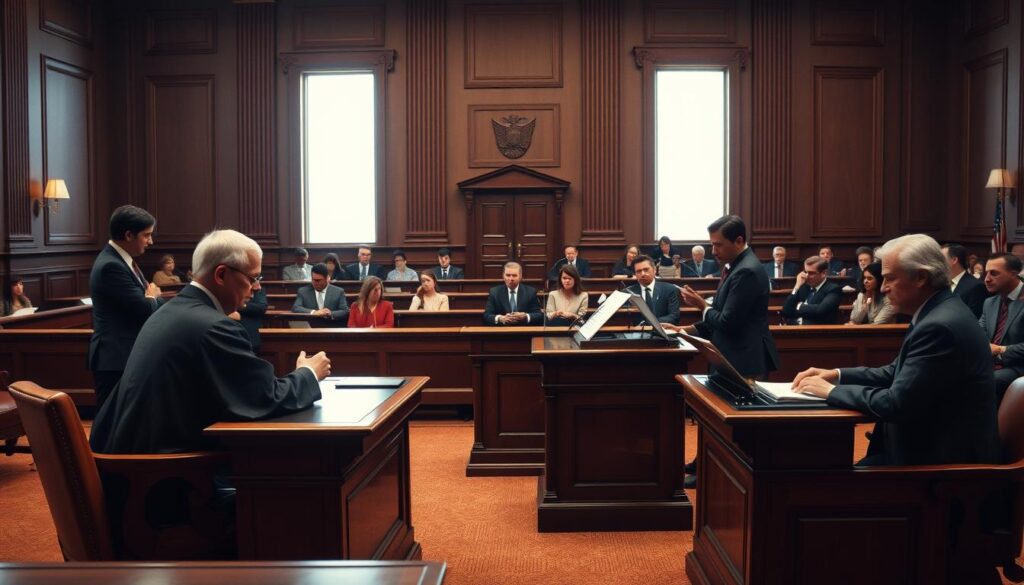 A courtroom setting with participants in a civil litigation process. In the foreground, a judge in a formal robe sits at an ornate wooden bench, gavel in hand. To the sides, a plaintiff and defendant stand at their respective tables, engaged in intense discussion with their lawyers. In the middle ground, a court reporter diligently types at a desk, capturing the proceedings. In the background, rows of mahogany benches accommodate a rapt audience, their expressions reflecting the gravity of the case. Soft, warm lighting filters through tall windows, casting a somber, contemplative mood over the scene. The composition is balanced and symmetrical, emphasizing the formality and importance of the civil litigation process. A courtroom setting with participants in a civil litigation process. In the foreground, a judge in a formal robe sits at an ornate wooden bench, gavel in hand. To the sides, a plaintiff and defendant stand at their respective tables, engaged in intense discussion with their lawyers. In the middle ground, a court reporter diligently types at a desk, capturing the proceedings. In the background, rows of mahogany benches accommodate a rapt audience, their expressions reflecting the gravity of the case. Soft, warm lighting filters through tall windows, casting a somber, contemplative mood over the scene. The composition is balanced and symmetrical, emphasizing the formality and importance of the civil litigation process.
