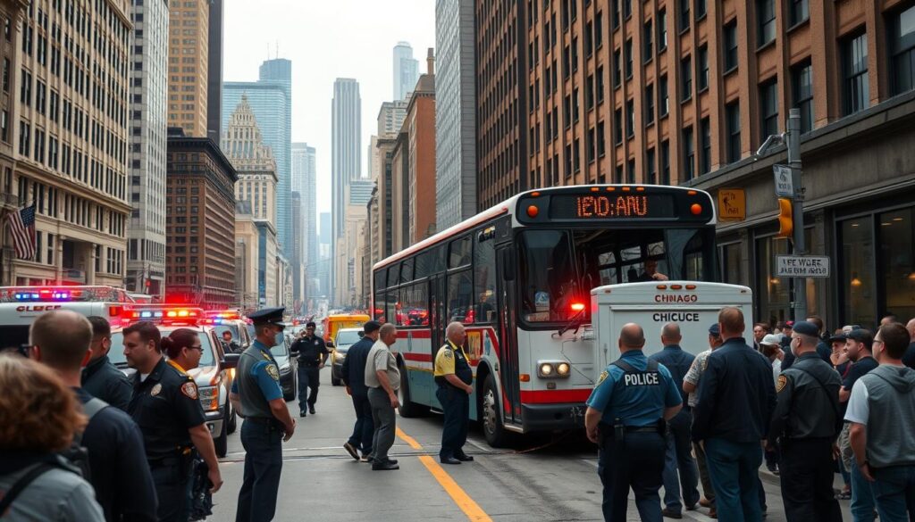 A crowded Chicago street, with a wrecked bus on the side of the road, surrounded by emergency vehicles and a crowd of concerned onlookers. The scene is captured in a realistic, documentary-style lighting, with a slightly overcast sky casting soft, diffused shadows. In the foreground, a group of people, including a bus driver and passengers, are interacting with police officers and paramedics, while in the background, the city skyline provides a recognizable backdrop. The overall mood is one of tension and uncertainty, reflecting the complexities of navigating a bus accident claim in the bustling city. A crowded Chicago street, with a wrecked bus on the side of the road, surrounded by emergency vehicles and a crowd of concerned onlookers. The scene is captured in a realistic, documentary-style lighting, with a slightly overcast sky casting soft, diffused shadows. In the foreground, a group of people, including a bus driver and passengers, are interacting with police officers and paramedics, while in the background, the city skyline provides a recognizable backdrop. The overall mood is one of tension and uncertainty, reflecting the complexities of navigating a bus accident claim in the bustling city.