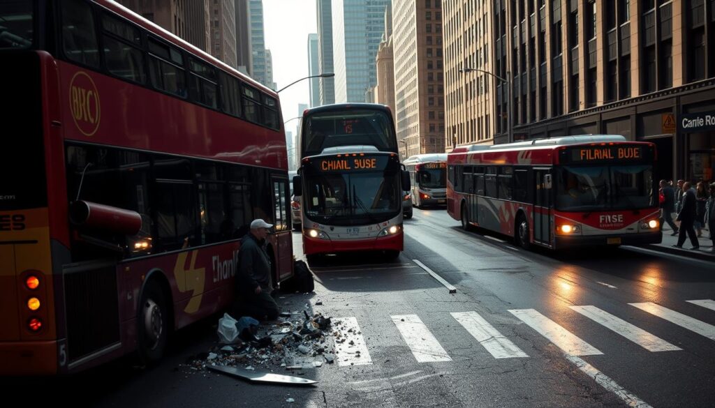 A crowded city street in Chicago, with various types of bus accident scenarios unfolding. In the foreground, a double-decker bus collides with a smaller vehicle, debris and glass scattered across the asphalt. In the middle ground, a disabled bus blocks traffic, as emergency services arrive on the scene. In the background, a bus skids on a wet road, nearly colliding with pedestrians on the sidewalk. The lighting is harsh, casting dramatic shadows, conveying the urgency and chaos of the situation. The scene is captured from a high angle, providing a panoramic view of the multiple accidents occurring simultaneously. The overall mood is tense and unsettling, underscoring the importance of bus accident safety and the role of a legal professional in such cases. A crowded city street in Chicago, with various types of bus accident scenarios unfolding. In the foreground, a double-decker bus collides with a smaller vehicle, debris and glass scattered across the asphalt. In the middle ground, a disabled bus blocks traffic, as emergency services arrive on the scene. In the background, a bus skids on a wet road, nearly colliding with pedestrians on the sidewalk. The lighting is harsh, casting dramatic shadows, conveying the urgency and chaos of the situation. The scene is captured from a high angle, providing a panoramic view of the multiple accidents occurring simultaneously. The overall mood is tense and unsettling, underscoring the importance of bus accident safety and the role of a legal professional in such cases.