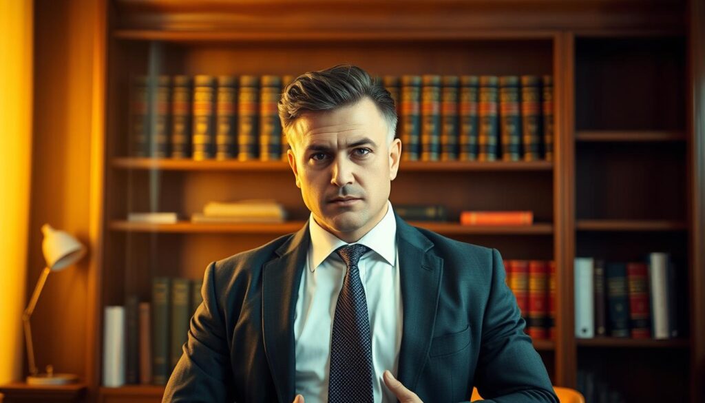 A dedicated work accident lawyer stands resolute, their expression one of determined focus. They are situated in a well-appointed office, surrounded by bookshelves and legal documents, conveying their expertise and professionalism. Warm, directional lighting illuminates the scene, casting subtle shadows that add depth and dimension. The lawyer's pose suggests an air of confidence and authority, ready to advocate tirelessly on behalf of their client. The overall atmosphere exudes a sense of competence and reassurance, reflecting the crucial role a work accident lawyer plays in securing justice and fair compensation for those who have suffered workplace injuries. A dedicated work accident lawyer stands resolute, their expression one of determined focus. They are situated in a well-appointed office, surrounded by bookshelves and legal documents, conveying their expertise and professionalism. Warm, directional lighting illuminates the scene, casting subtle shadows that add depth and dimension. The lawyer's pose suggests an air of confidence and authority, ready to advocate tirelessly on behalf of their client. The overall atmosphere exudes a sense of competence and reassurance, reflecting the crucial role a work accident lawyer plays in securing justice and fair compensation for those who have suffered workplace injuries.