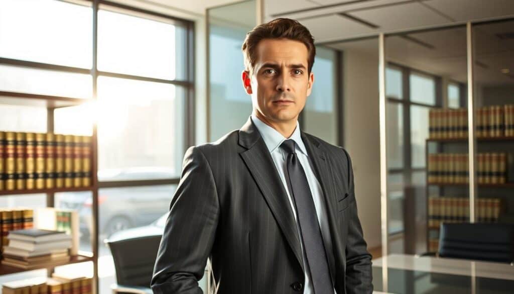 A determined pedestrian rights attorney, clad in a sharp charcoal suit, stands confidently in a modern, glass-walled law office. Sunlight streams through the windows, casting a warm glow over the scene. The attorney's expression is resolute, conveying a sense of purpose and dedication to their client's case. In the background, a bookshelf filled with legal tomes and a sleek, minimalist desk suggest an environment of professionalism and expertise. The overall atmosphere evokes a sense of competence and the unwavering pursuit of justice for those injured in pedestrian accidents. A determined pedestrian rights attorney, clad in a sharp charcoal suit, stands confidently in a modern, glass-walled law office. Sunlight streams through the windows, casting a warm glow over the scene. The attorney's expression is resolute, conveying a sense of purpose and dedication to their client's case. In the background, a bookshelf filled with legal tomes and a sleek, minimalist desk suggest an environment of professionalism and expertise. The overall atmosphere evokes a sense of competence and the unwavering pursuit of justice for those injured in pedestrian accidents.