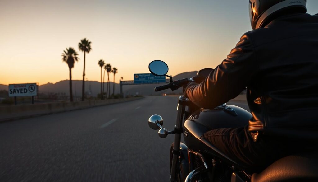 A dimly lit California highway at dusk, with a lone motorcycle navigating the winding roads. In the foreground, the motorcycle's sleek, chrome frame and powerful engine are illuminated by the fading sunlight. The rider, dressed in a leather jacket and helmet, is focused on the road ahead. In the middle ground, billboards and signage offer glimpses of the state's motorcycle regulations, providing a subtle nod to the "California Motorcycle Laws" theme. The background features the iconic palm trees and rolling hills of the California landscape, casting long shadows across the scene. The overall mood is one of adventure and exploration, with a sense of the rider's commitment to responsible and informed riding. A dimly lit California highway at dusk, with a lone motorcycle navigating the winding roads. In the foreground, the motorcycle's sleek, chrome frame and powerful engine are illuminated by the fading sunlight. The rider, dressed in a leather jacket and helmet, is focused on the road ahead. In the middle ground, billboards and signage offer glimpses of the state's motorcycle regulations, providing a subtle nod to the "California Motorcycle Laws" theme. The background features the iconic palm trees and rolling hills of the California landscape, casting long shadows across the scene. The overall mood is one of adventure and exploration, with a sense of the rider's commitment to responsible and informed riding.