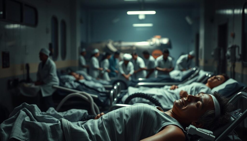 A dimly lit hospital ward, the air thick with the scent of disinfectant. In the foreground, a group of train accident victims lie on gurneys, their faces etched with pain and fear. Bandages cover their wounds, and the soft hum of medical equipment fills the room. In the middle ground, nurses and doctors rush to their aid, their expressions solemn as they tend to the injured. The background is blurred, but we can make out the faint outline of a train, its twisted metal a reminder of the tragedy that brought these people here. The lighting is somber, casting long shadows and creating a sense of weight and gravity. The scene conveys the gravity of the situation, the vulnerability of the victims, and the dedicated efforts of the medical staff to provide care and comfort. A dimly lit hospital ward, the air thick with the scent of disinfectant. In the foreground, a group of train accident victims lie on gurneys, their faces etched with pain and fear. Bandages cover their wounds, and the soft hum of medical equipment fills the room. In the middle ground, nurses and doctors rush to their aid, their expressions solemn as they tend to the injured. The background is blurred, but we can make out the faint outline of a train, its twisted metal a reminder of the tragedy that brought these people here. The lighting is somber, casting long shadows and creating a sense of weight and gravity. The scene conveys the gravity of the situation, the vulnerability of the victims, and the dedicated efforts of the medical staff to provide care and comfort.