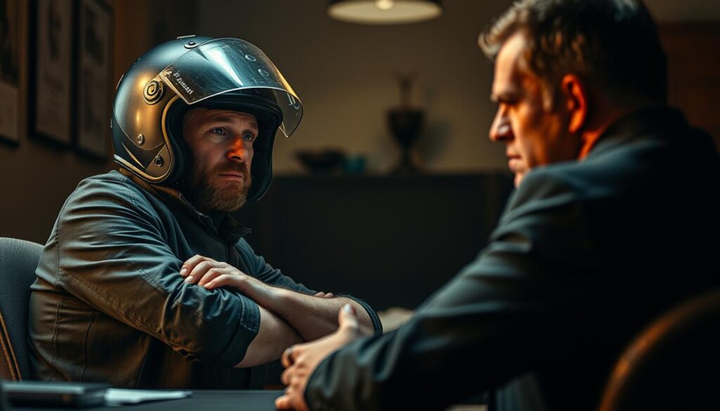 A dimly lit insurance office, with a weary, anxious-looking motorcyclist sitting across from a stern-faced insurance agent. The motorcyclist's battered helmet and bandaged arm hint at the aftermath of a recent accident. The agent's expression conveys a sense of indifference, creating a tense and adversarial atmosphere. Soft, warm lighting illuminates the scene, casting shadows that suggest the motorcyclist's unease. The background is blurred, emphasizing the focus on the central interaction. The overall tone evokes the frustration and uncertainty of navigating the insurance claims process after a motorcycle accident. A dimly lit insurance office, with a weary, anxious-looking motorcyclist sitting across from a stern-faced insurance agent. The motorcyclist's battered helmet and bandaged arm hint at the aftermath of a recent accident. The agent's expression conveys a sense of indifference, creating a tense and adversarial atmosphere. Soft, warm lighting illuminates the scene, casting shadows that suggest the motorcyclist's unease. The background is blurred, emphasizing the focus on the central interaction. The overall tone evokes the frustration and uncertainty of navigating the insurance claims process after a motorcycle accident.