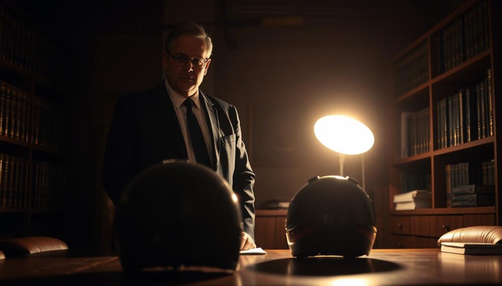 A dimly lit law office, the silhouette of a motorcycle crash attorney standing at a desk, surrounded by bookshelves and filing cabinets. Soft, warm lighting illuminates the scene, casting dramatic shadows. The attorney's expression is intense, conveying the gravity and importance of their work. In the foreground, a motorcycle helmet rests on the desk, a tangible reminder of the motorcycle accidents they specialize in. The overall atmosphere is one of professionalism, expertise, and a sense of purpose in advocating for those injured in motorcycle crashes. A dimly lit law office, the silhouette of a motorcycle crash attorney standing at a desk, surrounded by bookshelves and filing cabinets. Soft, warm lighting illuminates the scene, casting dramatic shadows. The attorney's expression is intense, conveying the gravity and importance of their work. In the foreground, a motorcycle helmet rests on the desk, a tangible reminder of the motorcycle accidents they specialize in. The overall atmosphere is one of professionalism, expertise, and a sense of purpose in advocating for those injured in motorcycle crashes.