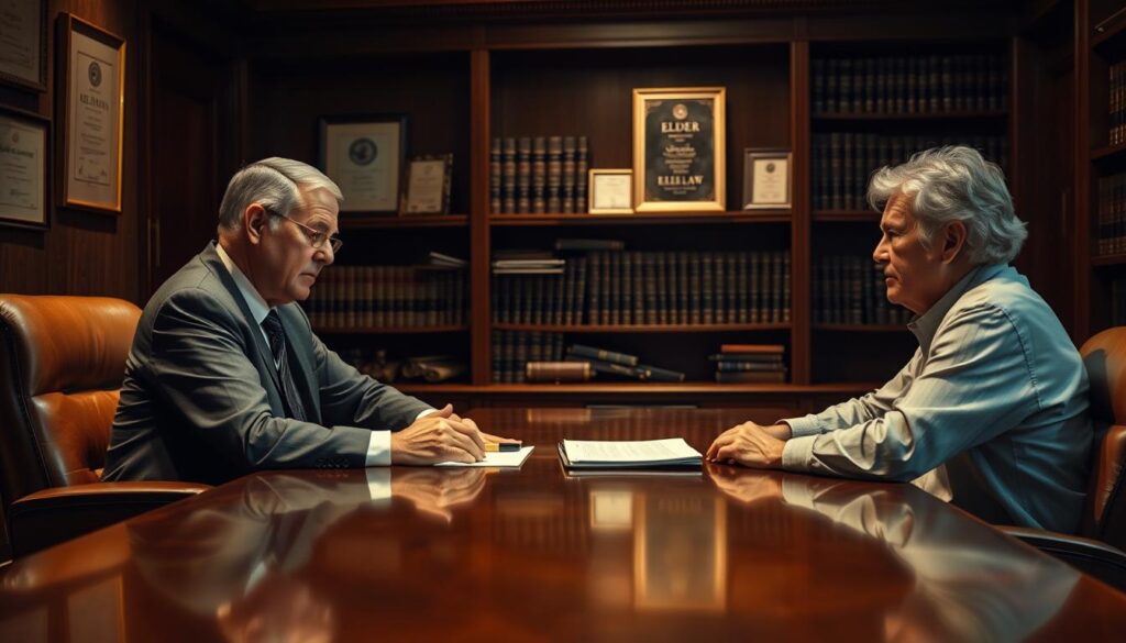 A dimly lit law office, the walls adorned with framed certificates and shelves of legal tomes. In the foreground, an elderly couple sits across a sleek, wooden desk, engaged in a serious discussion with a stern-faced elder law attorney. The attorney's expression is one of focused attention, as they meticulously explain various factors that influence the fees associated with elder law services, such as the complexity of the case, the time required, and the expertise needed. The couple's faces reflect a mix of concern and understanding, as they carefully consider the information being presented. The scene is bathed in a warm, amber-hued lighting, creating an atmosphere of professionalism and trust. A dimly lit law office, the walls adorned with framed certificates and shelves of legal tomes. In the foreground, an elderly couple sits across a sleek, wooden desk, engaged in a serious discussion with a stern-faced elder law attorney. The attorney's expression is one of focused attention, as they meticulously explain various factors that influence the fees associated with elder law services, such as the complexity of the case, the time required, and the expertise needed. The couple's faces reflect a mix of concern and understanding, as they carefully consider the information being presented. The scene is bathed in a warm, amber-hued lighting, creating an atmosphere of professionalism and trust.