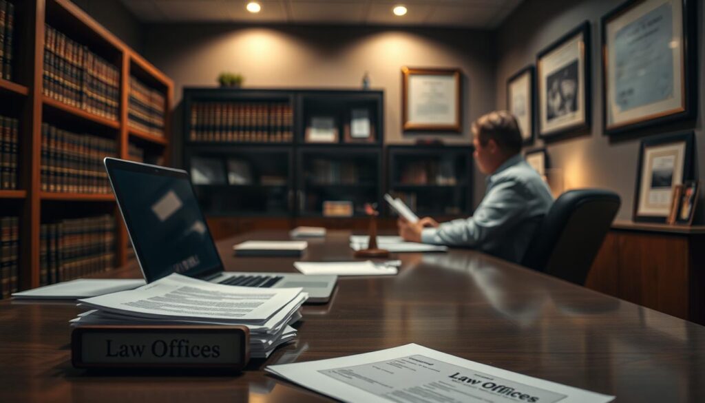 A dimly lit office space, with a desk in the foreground featuring a laptop, a nameplate "Law Offices", and a stack of legal documents. In the middle ground, a client sits across from the lawyer, engaged in a serious discussion. The background features shelves of law books and framed legal certificates on the walls, conveying a sense of professionalism and expertise. The lighting is warm and inviting, creating a sense of trust and reliability. The overall mood is one of understanding and legal guidance, reflecting the challenges faced in a hit-and-run accident case. A dimly lit office space, with a desk in the foreground featuring a laptop, a nameplate "Law Offices", and a stack of legal documents. In the middle ground, a client sits across from the lawyer, engaged in a serious discussion. The background features shelves of law books and framed legal certificates on the walls, conveying a sense of professionalism and expertise. The lighting is warm and inviting, creating a sense of trust and reliability. The overall mood is one of understanding and legal guidance, reflecting the challenges faced in a hit-and-run accident case.