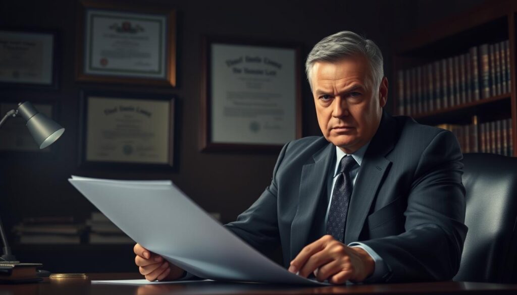 A dimly lit office, the walls adorned with legal diplomas and bookshelves. In the foreground, a stern-faced divorce attorney sits at a wooden desk, brow furrowed in concentration as they review documents. The lighting casts dramatic shadows, creating an atmosphere of seriousness and professionalism. The attorney's expression conveys a sense of determination and expertise, ready to guide their client through the complexities of the divorce process. The background is hazy, with a sense of uncertainty and unease, reflecting the emotional turmoil often associated with divorce proceedings. A dimly lit office, the walls adorned with legal diplomas and bookshelves. In the foreground, a stern-faced divorce attorney sits at a wooden desk, brow furrowed in concentration as they review documents. The lighting casts dramatic shadows, creating an atmosphere of seriousness and professionalism. The attorney's expression conveys a sense of determination and expertise, ready to guide their client through the complexities of the divorce process. The background is hazy, with a sense of uncertainty and unease, reflecting the emotional turmoil often associated with divorce proceedings.