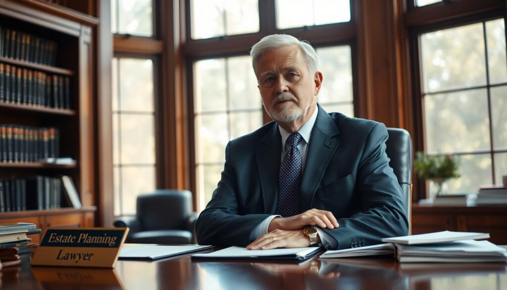A distinguished elder law attorney sits at their desk, dressed in a well-tailored suit, surrounded by legal documents and a nameplate that reads "Estate Planning Lawyer". The office is bathed in warm, natural lighting that filters through large windows, creating a professional yet welcoming atmosphere. The attorney's expression conveys a thoughtful, empathetic demeanor, ready to guide clients through the complexities of senior care planning. The scene is captured with a medium-wide angle lens, emphasizing the importance of the attorney's role in this specialized field of law. A distinguished elder law attorney sits at their desk, dressed in a well-tailored suit, surrounded by legal documents and a nameplate that reads "Estate Planning Lawyer". The office is bathed in warm, natural lighting that filters through large windows, creating a professional yet welcoming atmosphere. The attorney's expression conveys a thoughtful, empathetic demeanor, ready to guide clients through the complexities of senior care planning. The scene is captured with a medium-wide angle lens, emphasizing the importance of the attorney's role in this specialized field of law.
