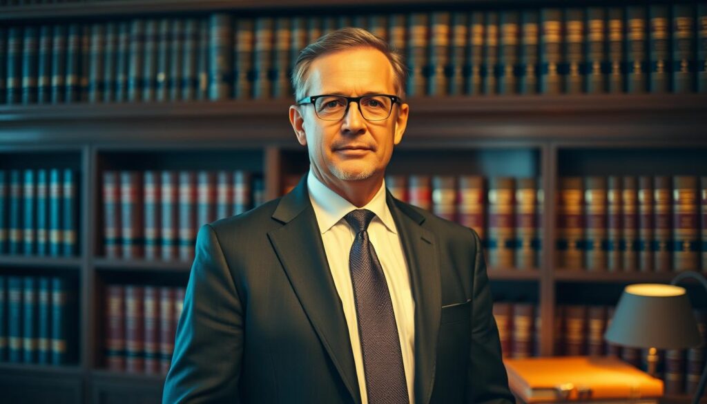 A distinguished legal professional standing confidently in a well-appointed office, dressed in a sharp, tailored suit. The lighting is soft and directional, illuminating their serious expression and commanding presence. The background features bookshelves filled with legal tomes, conveying their depth of expertise. The overall mood is one of authority, professionalism, and the ability to navigate the complexities of wrongful termination cases with skill and dedication. A distinguished legal professional standing confidently in a well-appointed office, dressed in a sharp, tailored suit. The lighting is soft and directional, illuminating their serious expression and commanding presence. The background features bookshelves filled with legal tomes, conveying their depth of expertise. The overall mood is one of authority, professionalism, and the ability to navigate the complexities of wrongful termination cases with skill and dedication.
