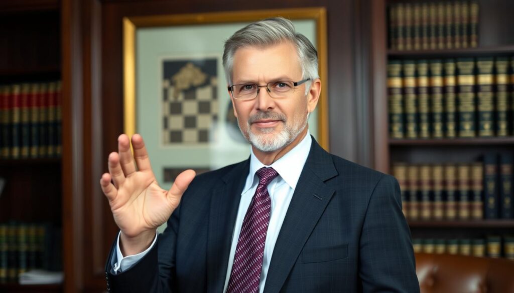 A distinguished legal professional stands in a well-appointed office, exuding confidence and expertise. Dressed in a tailored suit, they gesture purposefully, conveying a sense of determination to advocate for the rights of those facing wrongful termination. Soft, directional lighting illuminates their features, casting subtle shadows that accentuate their resolute expression. The background is a harmonious blend of dark wooden paneling and bookshelves, hinting at the depth of their legal knowledge. An air of professionalism and authority pervades the scene, reflecting the gravitas of their role in protecting employees' rights and ensuring justice is served. A distinguished legal professional stands in a well-appointed office, exuding confidence and expertise. Dressed in a tailored suit, they gesture purposefully, conveying a sense of determination to advocate for the rights of those facing wrongful termination. Soft, directional lighting illuminates their features, casting subtle shadows that accentuate their resolute expression. The background is a harmonious blend of dark wooden paneling and bookshelves, hinting at the depth of their legal knowledge. An air of professionalism and authority pervades the scene, reflecting the gravitas of their role in protecting employees' rights and ensuring justice is served.