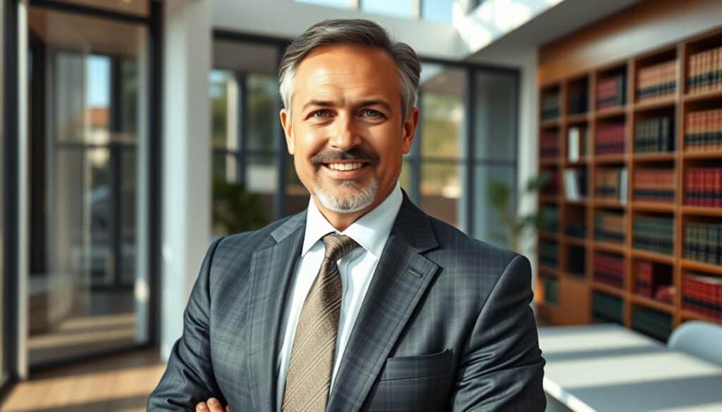 A distinguished-looking business attorney standing confidently in a modern office, dressed in a sharp, tailored suit and tie. The attorney's facial expression exudes professionalism and approachability, conveying a sense of trustworthiness and competence. The office setting features floor-to-ceiling windows, allowing natural light to pour in and create a warm, inviting atmosphere. A sleek, minimalist desk and bookshelves filled with legal tomes occupy the background, suggesting the attorney's expertise and attention to detail. The overall composition and lighting create a sense of refinement and sophistication, reflecting the high-caliber legal services the attorney provides.