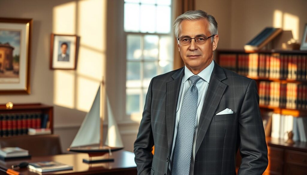 A distinguished-looking lawyer, clad in a sharp suit, stands confidently in a sunny, well-appointed office, surrounded by law books and a model sailboat on a wooden desk. Warm, directional lighting casts subtle shadows, creating a sense of professionalism and authority. The lawyer's gaze is focused, conveying expertise and a commitment to helping clients navigate the complexities of boat accident cases. The overall tone is one of expertise, competence, and a strong partnership between the attorney and their clients. A distinguished-looking lawyer, clad in a sharp suit, stands confidently in a sunny, well-appointed office, surrounded by law books and a model sailboat on a wooden desk. Warm, directional lighting casts subtle shadows, creating a sense of professionalism and authority. The lawyer's gaze is focused, conveying expertise and a commitment to helping clients navigate the complexities of boat accident cases. The overall tone is one of expertise, competence, and a strong partnership between the attorney and their clients.