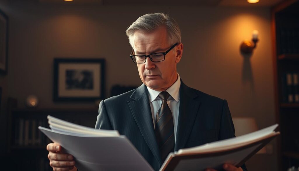 A distinguished-looking middle-aged lawyer, dressed in a sharply tailored suit, stands in a dimly lit office, brow furrowed in concentration as he reviews case files related to a distracted driving accident. Soft warm lighting casts dramatic shadows, imbuing the scene with a sense of gravitas and professionalism. The lawyer's expression conveys a deep understanding of the complexities and high stakes involved in this specialized area of law, underscoring his expertise and dedication to achieving the best possible outcome for his clients.