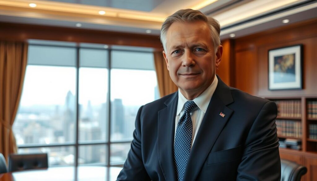 A distinguished-looking, middle-aged man wearing a well-tailored, navy blue suit and a crisp, white dress shirt. He has a serious, yet compassionate expression on his face, conveying the weight of his experience in handling complex truck accident cases. The scene is set in a stylish, wood-paneled law office, with a large, mahogany desk in the foreground and a panoramic window in the background, providing a view of a bustling city skyline. Warm, indirect lighting creates a sense of professionalism and authority, while subtle shadows add depth and dimension to the image.
