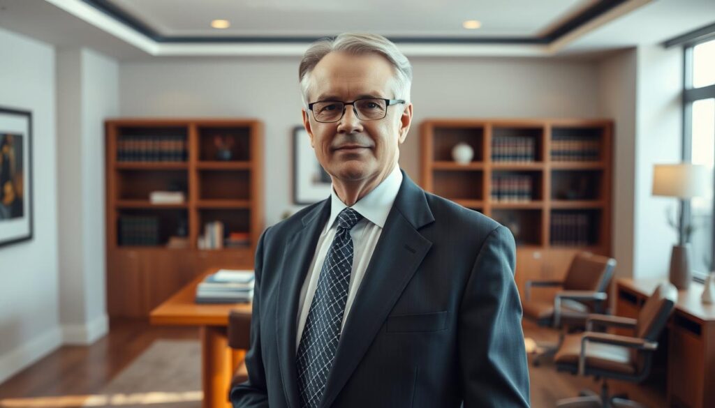 A distinguished-looking middle-aged person standing confidently in a modern, well-appointed law office. The subject is dressed in a crisp, tailored suit and tie, conveying professionalism and authority. They are positioned in the foreground, with a large, wooden desk and bookshelves visible in the middle ground. The lighting is warm and slightly directional, casting subtle shadows and highlights that accentuate the subject's features. The atmosphere is one of quiet confidence and competence, suggesting the individual's expertise in handling personal injury cases, including those related to bus accidents. A distinguished-looking middle-aged person standing confidently in a modern, well-appointed law office. The subject is dressed in a crisp, tailored suit and tie, conveying professionalism and authority. They are positioned in the foreground, with a large, wooden desk and bookshelves visible in the middle ground. The lighting is warm and slightly directional, casting subtle shadows and highlights that accentuate the subject's features. The atmosphere is one of quiet confidence and competence, suggesting the individual's expertise in handling personal injury cases, including those related to bus accidents.