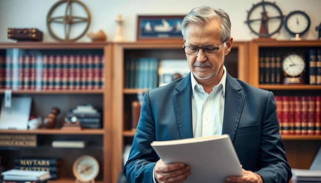 A distinguished maritime attorney stands in their office, surrounded by books, legal documents, and nautical artifacts. They wear a crisp, navy-blue suit and project an air of authority and expertise. The lighting is warm and focused, highlighting the attorney's thoughtful expression as they review a case file. The background is blurred, creating a sense of depth and emphasizing the subject. The overall scene conveys the professionalism, specialized knowledge, and dedication required to effectively represent clients in complex boat accident cases. A distinguished maritime attorney stands in their office, surrounded by books, legal documents, and nautical artifacts. They wear a crisp, navy-blue suit and project an air of authority and expertise. The lighting is warm and focused, highlighting the attorney's thoughtful expression as they review a case file. The background is blurred, creating a sense of depth and emphasizing the subject. The overall scene conveys the professionalism, specialized knowledge, and dedication required to effectively represent clients in complex boat accident cases.