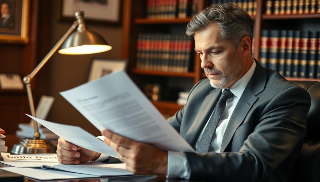 A distinguished prenup lawyer sits at their desk, poring over legal documents under the warm glow of a desk lamp. The office is stylishly appointed, with tasteful decor and a bookshelf filled with legal tomes in the background. The lawyer, dressed in a crisp suit, exudes an air of professionalism and expertise, their face a portrait of concentration as they carefully review the intricate details of the prenuptial agreement. The scene conveys the gravity and importance of the prenup lawyer's role in protecting their clients' interests and guiding them through this pivotal legal process. A distinguished prenup lawyer sits at their desk, poring over legal documents under the warm glow of a desk lamp. The office is stylishly appointed, with tasteful decor and a bookshelf filled with legal tomes in the background. The lawyer, dressed in a crisp suit, exudes an air of professionalism and expertise, their face a portrait of concentration as they carefully review the intricate details of the prenuptial agreement. The scene conveys the gravity and importance of the prenup lawyer's role in protecting their clients' interests and guiding them through this pivotal legal process.