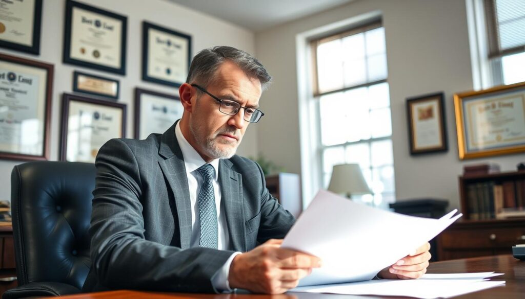 A distracted driving accident attorney, dressed in a sharp suit, sits at their desk, engrossed in paperwork. The office is well-lit, with sunlight streaming through large windows, casting a warm glow. Framed diplomas and awards adorn the walls, conveying their expertise and professionalism. The attorney's expression is focused, their brow furrowed, as they navigate the intricacies of a case involving a car accident caused by a distracted driver. The scene exudes an air of diligence and commitment to ensuring justice for their client. A distracted driving accident attorney, dressed in a sharp suit, sits at their desk, engrossed in paperwork. The office is well-lit, with sunlight streaming through large windows, casting a warm glow. Framed diplomas and awards adorn the walls, conveying their expertise and professionalism. The attorney's expression is focused, their brow furrowed, as they navigate the intricacies of a case involving a car accident caused by a distracted driver. The scene exudes an air of diligence and commitment to ensuring justice for their client.