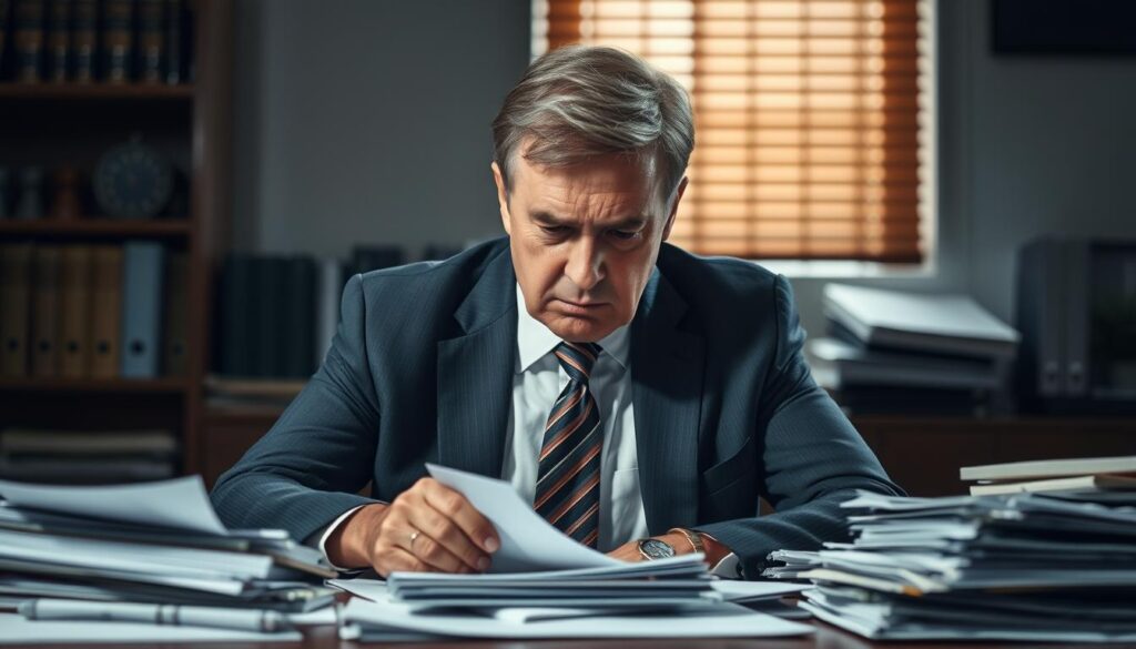 A distressed, middle-aged man in a crisp suit and tie, his expression grave, sits at a desk overflowing with documents and legal files. The lighting is dramatic, casting deep shadows across his face, conveying the weight of his profession. Behind him, the blurred silhouettes of law office shelves and a window offer a sense of place. The mood is somber and serious, befitting the challenges of navigating the complex insurance claim process after a distracted driving accident. A distressed, middle-aged man in a crisp suit and tie, his expression grave, sits at a desk overflowing with documents and legal files. The lighting is dramatic, casting deep shadows across his face, conveying the weight of his profession. Behind him, the blurred silhouettes of law office shelves and a window offer a sense of place. The mood is somber and serious, befitting the challenges of navigating the complex insurance claim process after a distracted driving accident.