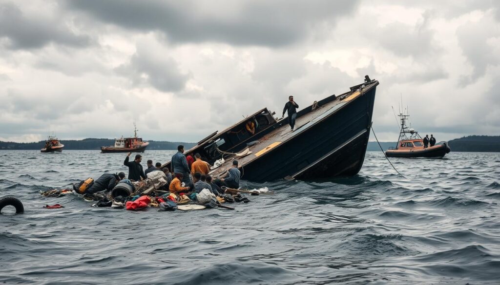 A dramatic boat accident scene on a choppy, overcast lake. In the foreground, the damaged vessel partially submerged, debris and personal belongings scattered across the water's surface. Survivors cling to the wreckage, their faces etched with distress. In the middle ground, rescue boats approach, their crews preparing to pull the victims to safety. In the background, ominous storm clouds loom, casting a somber mood over the chaotic scene. The image is captured through a wide-angle lens, emphasizing the scale of the disaster, with dramatic, high-contrast lighting that heightens the sense of urgency and danger. A dramatic boat accident scene on a choppy, overcast lake. In the foreground, the damaged vessel partially submerged, debris and personal belongings scattered across the water's surface. Survivors cling to the wreckage, their faces etched with distress. In the middle ground, rescue boats approach, their crews preparing to pull the victims to safety. In the background, ominous storm clouds loom, casting a somber mood over the chaotic scene. The image is captured through a wide-angle lens, emphasizing the scale of the disaster, with dramatic, high-contrast lighting that heightens the sense of urgency and danger.